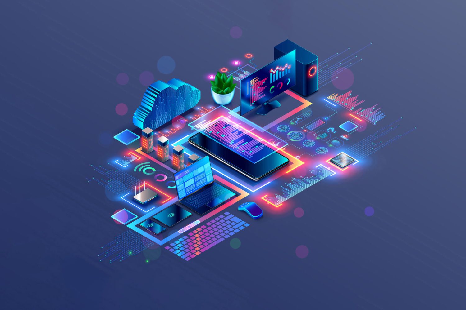 Programming and coding of program product or code. Workplace of computer software developers. Technology creating cross platform application. Modern Tech isometric conceptual illustration.